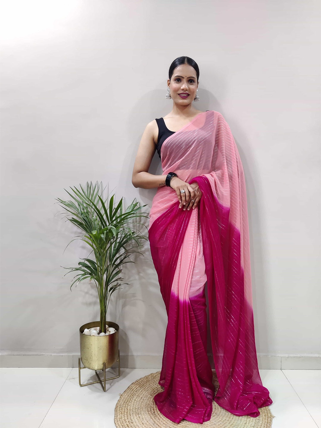 

V3 FASHION STUDIO Striped Pure Chiffon Ready to Wear Jamdani Saree, Pink