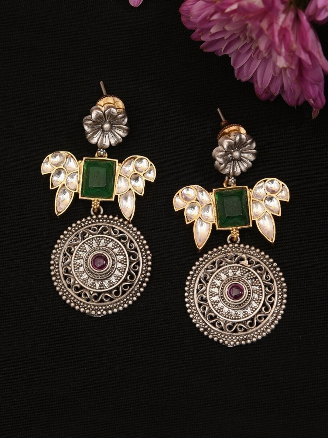

ABDESIGNS Silver-Plated Classic Oxidised Stone Studded Drop Earrings, Gold