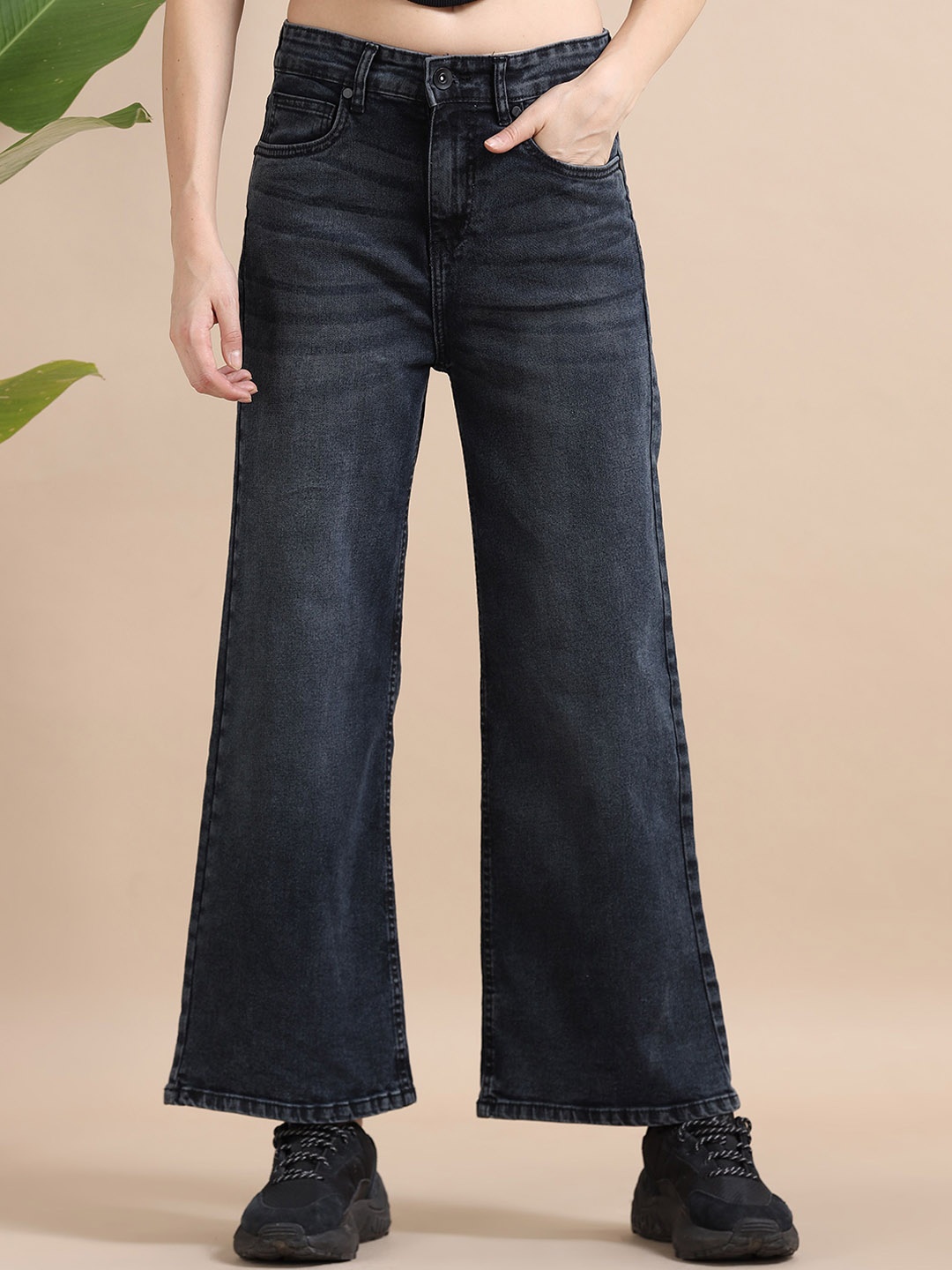 

Mast & Harbour Women Cotton Comfort Wide Leg High-Rise Stretchable Jeans, Black