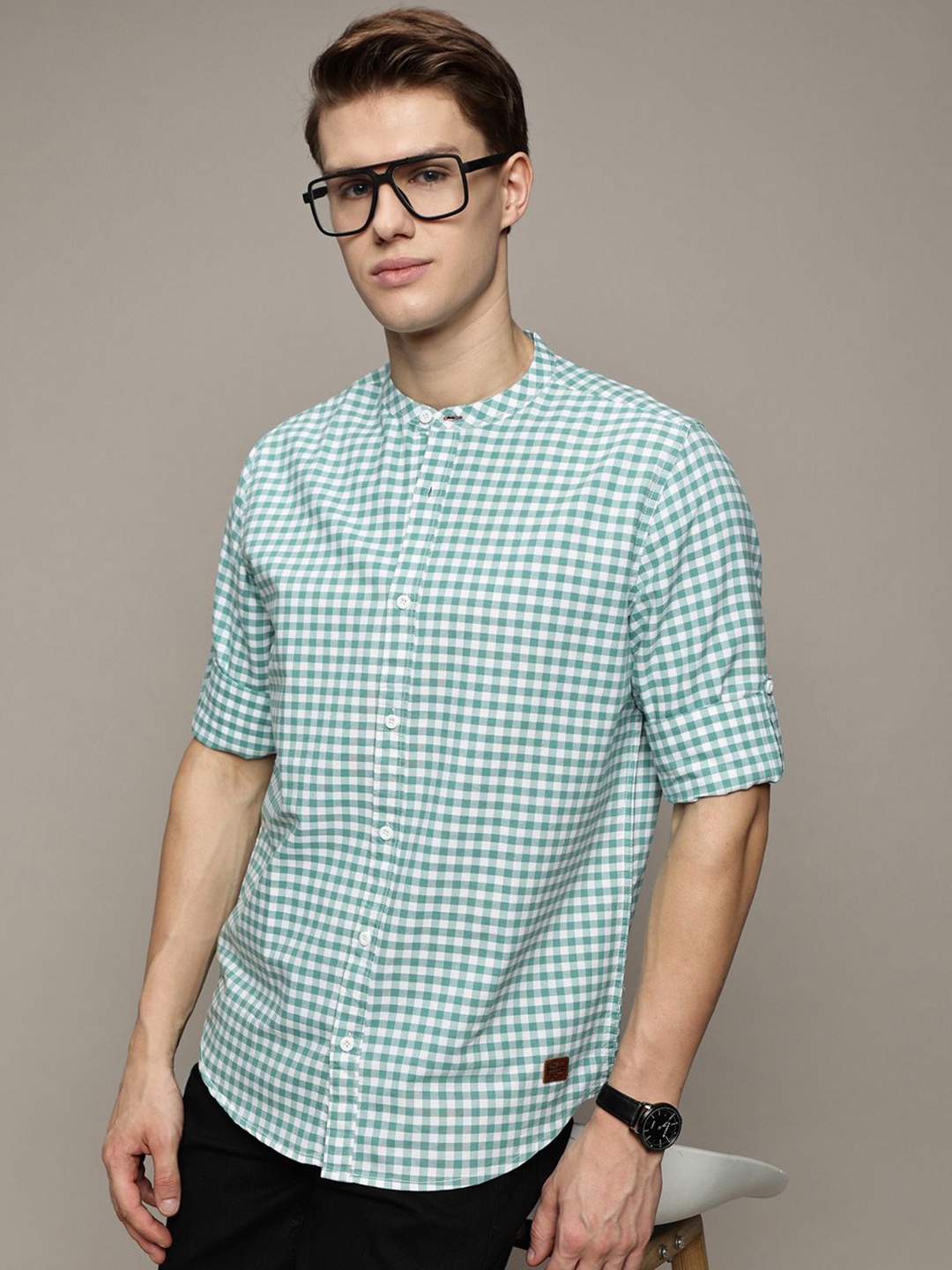 

The Roadster Lifestyle Co. Men Premium Band Collar Gingham Checked Cotton Casual Shirt, Green