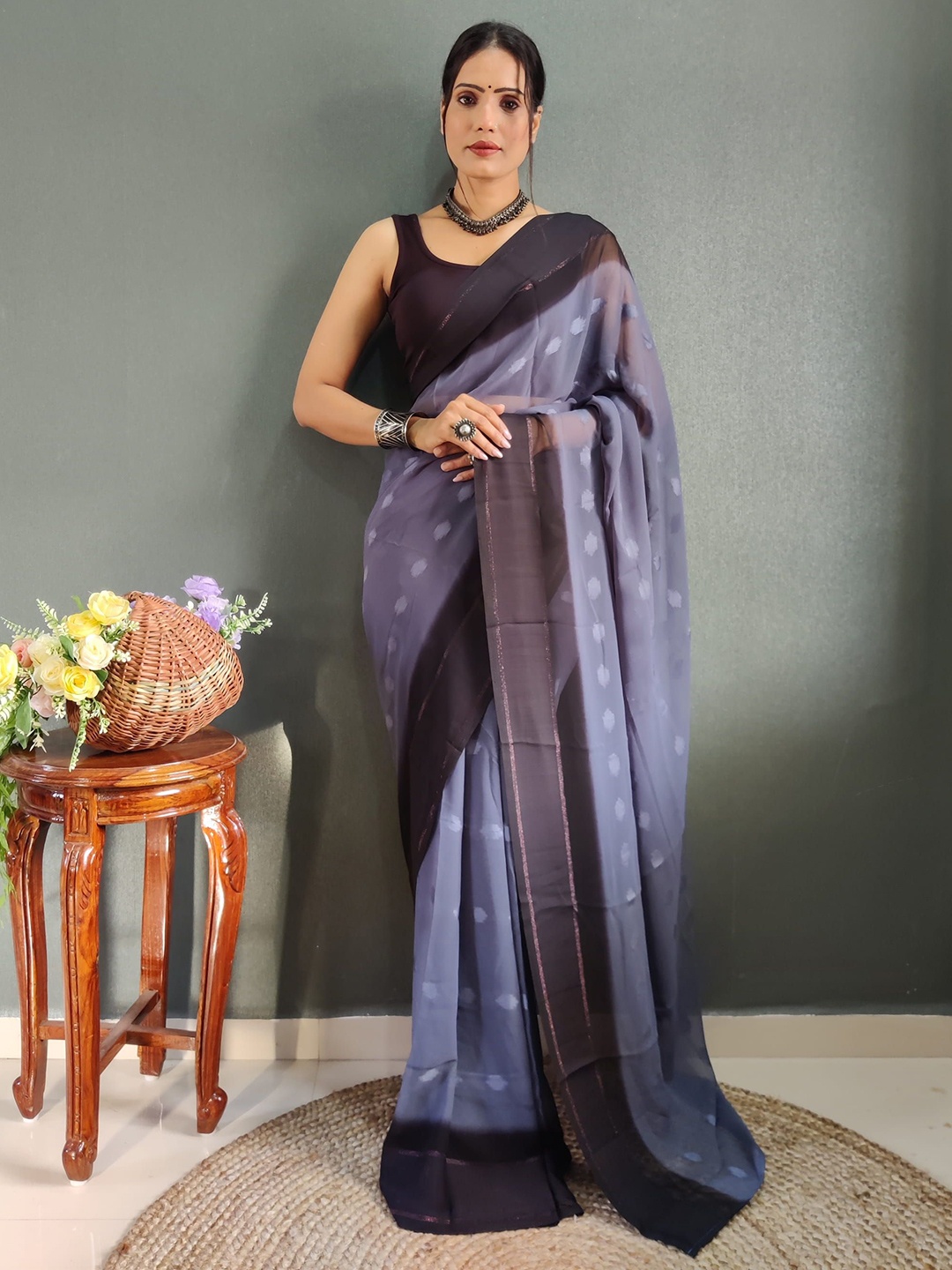 

V3 FASHION STUDIO Woven Design Satin Ready To Wear Saree, Blue