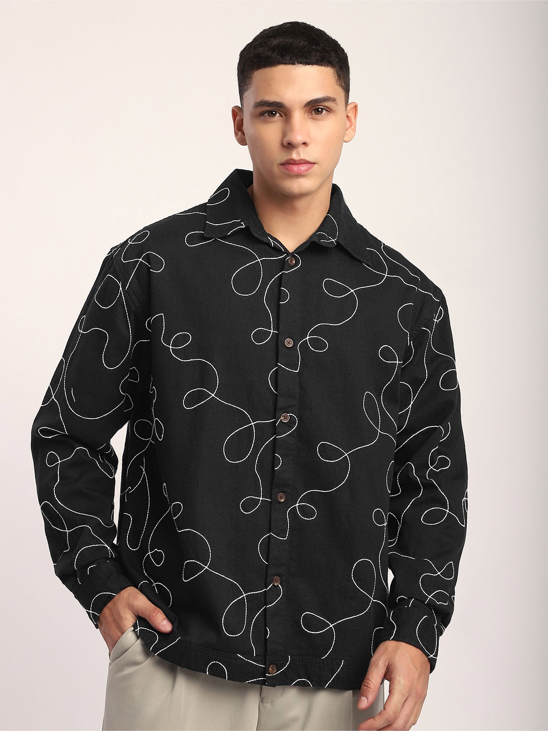 

Beyoung Abstract Embroidered Shacket, Black