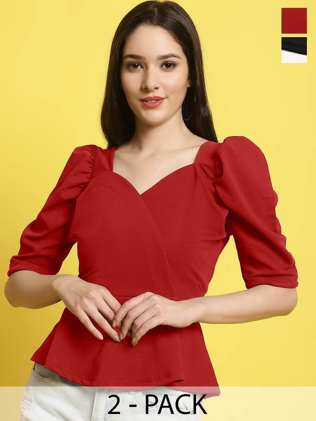

Metronaut Women Pack Of 2 Sweetheart Neck Crop Top, Red