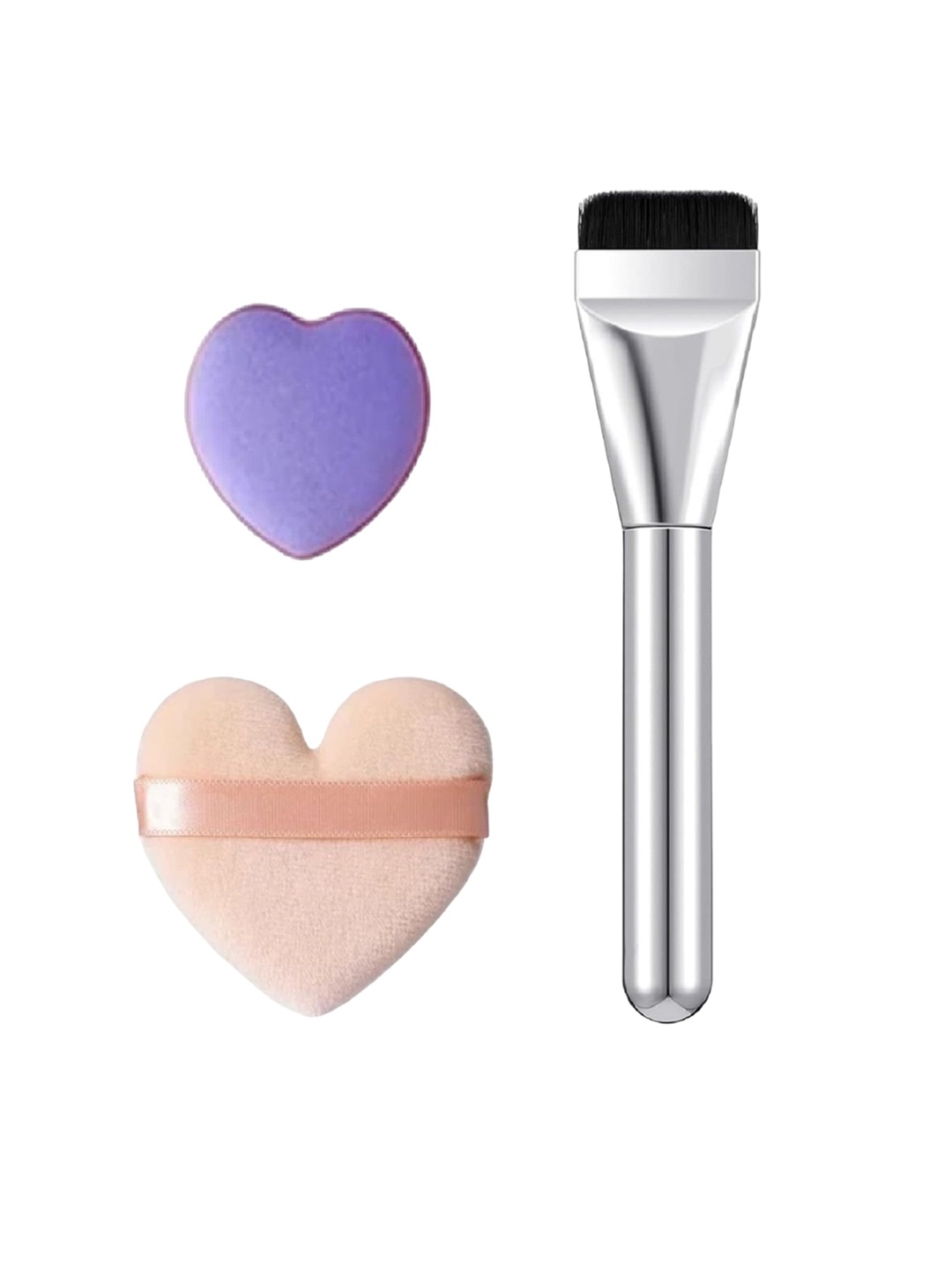 

Facejewel Set Of 3 Professional Silvery Makeup Brush With Mini Puff And Big Heart Puff, Silver