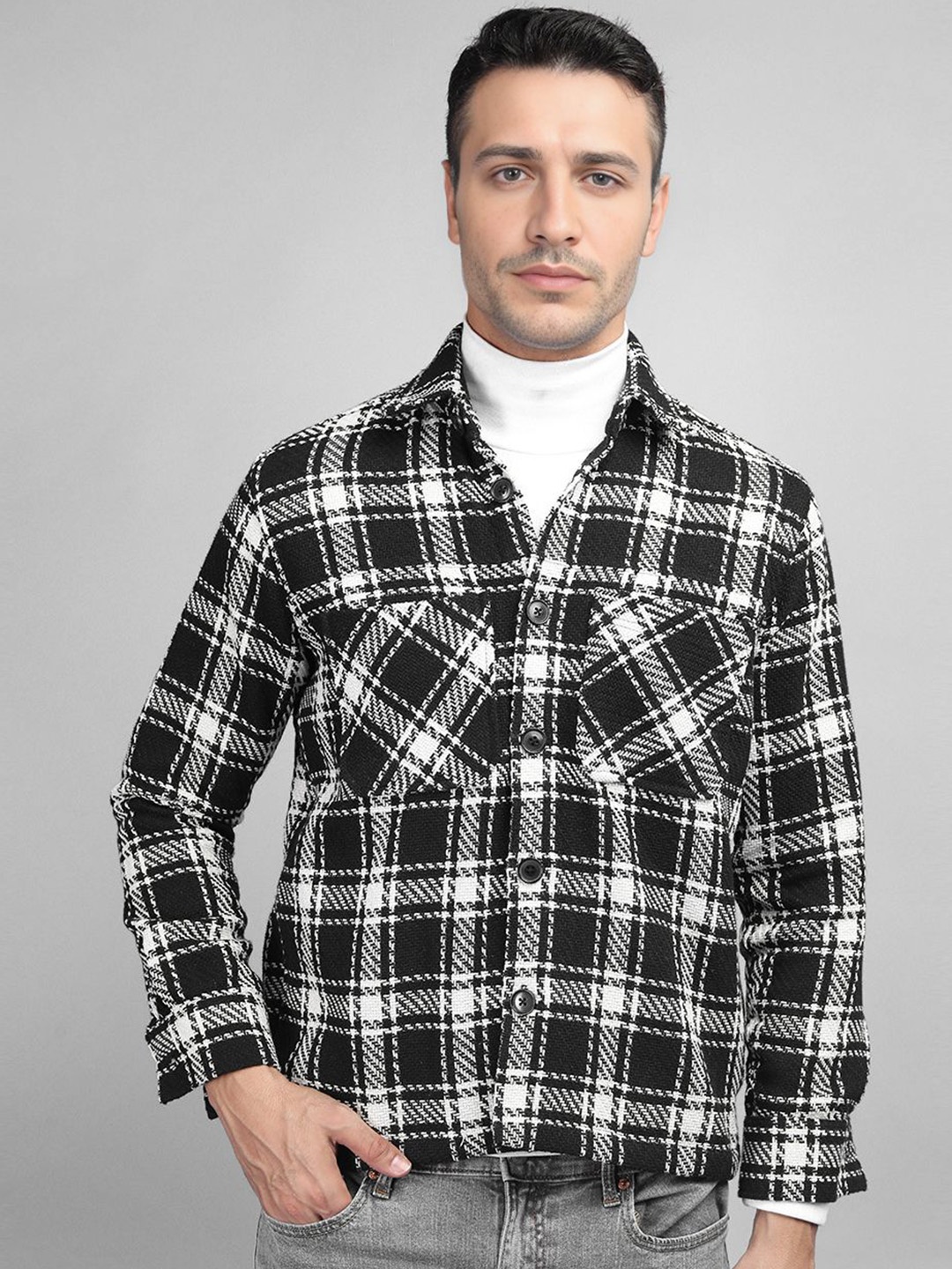 

The Roadster Lifestyle Co Checked Spread Collar Long Sleeve Woolen Shacket, Black
