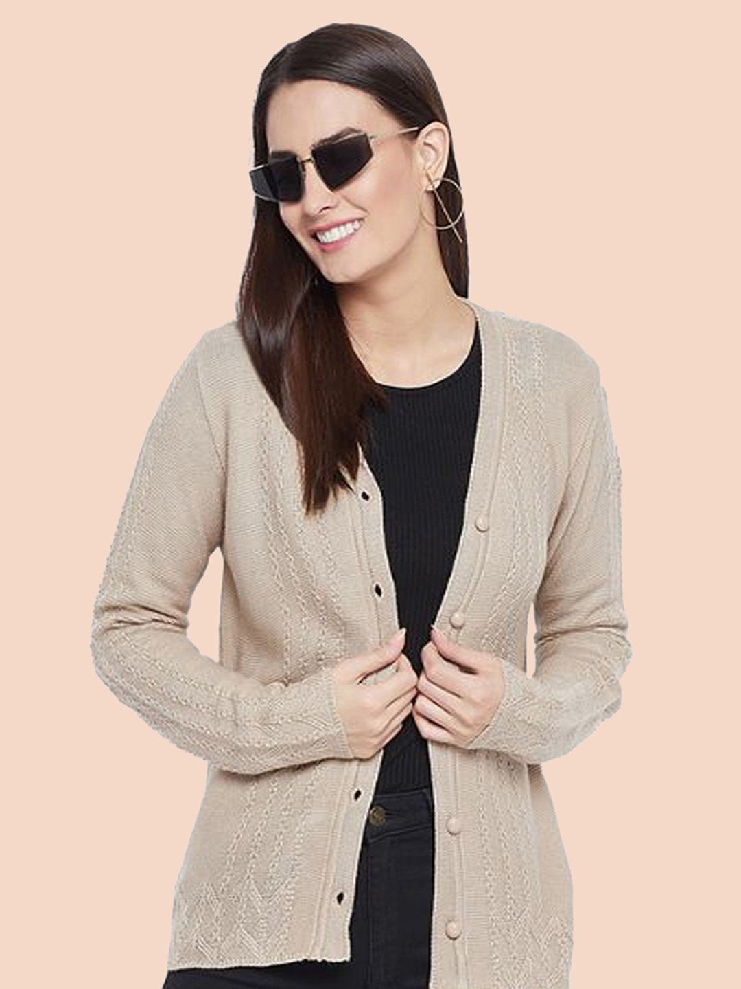 

CLAPTON Women Self Design Woollen Cardigan, Beige