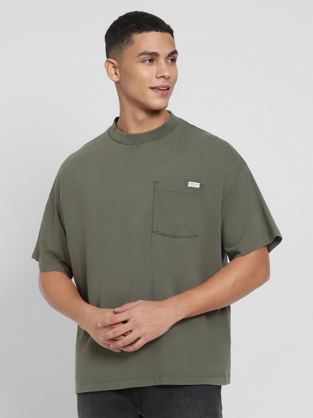 

AMERICAN EAGLE OUTFITTERS Men Solid Round Neck Cotton Oversized T-shirt, Olive