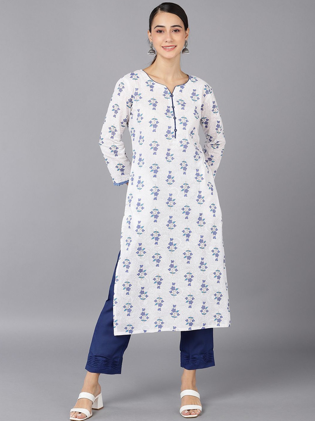 

KALINI Floral Printed Cotton Straight Kurta, White