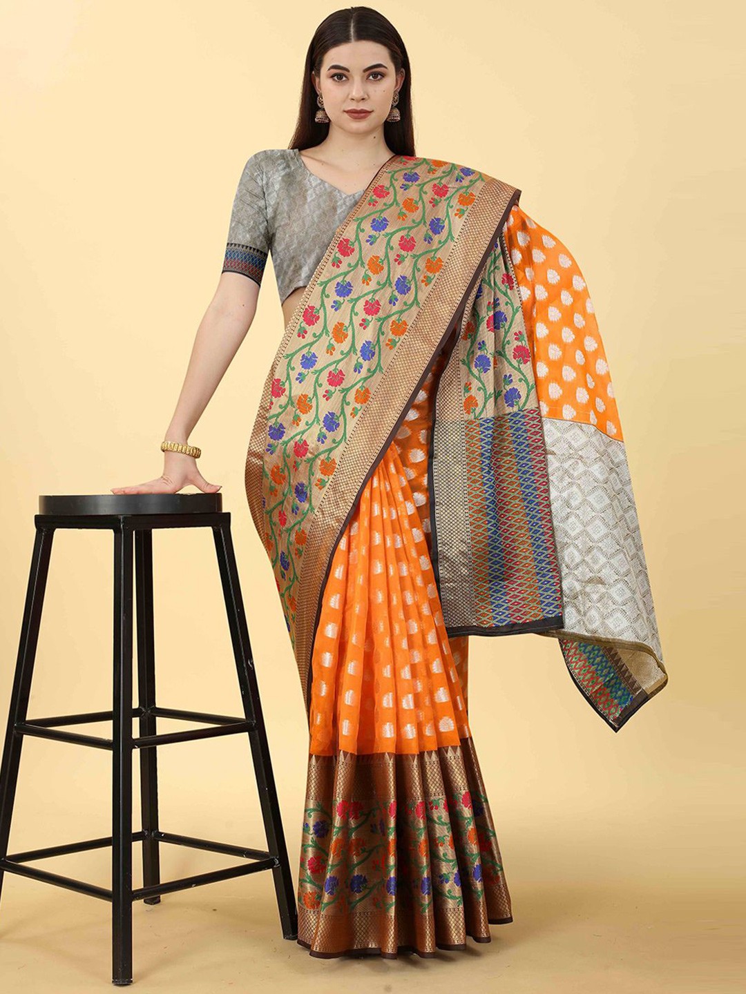 

JUST FASHION Ethnic Motifs Woven Design Zari Banarasi Saree, Orange