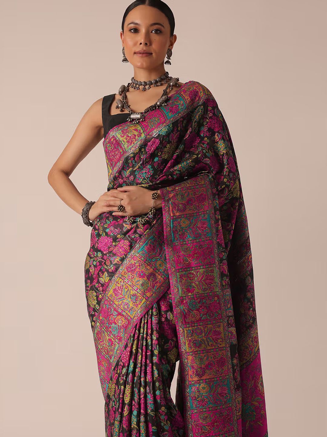 

House of Pataudi Floral Woven Design Saree With Blouse Piece, Black