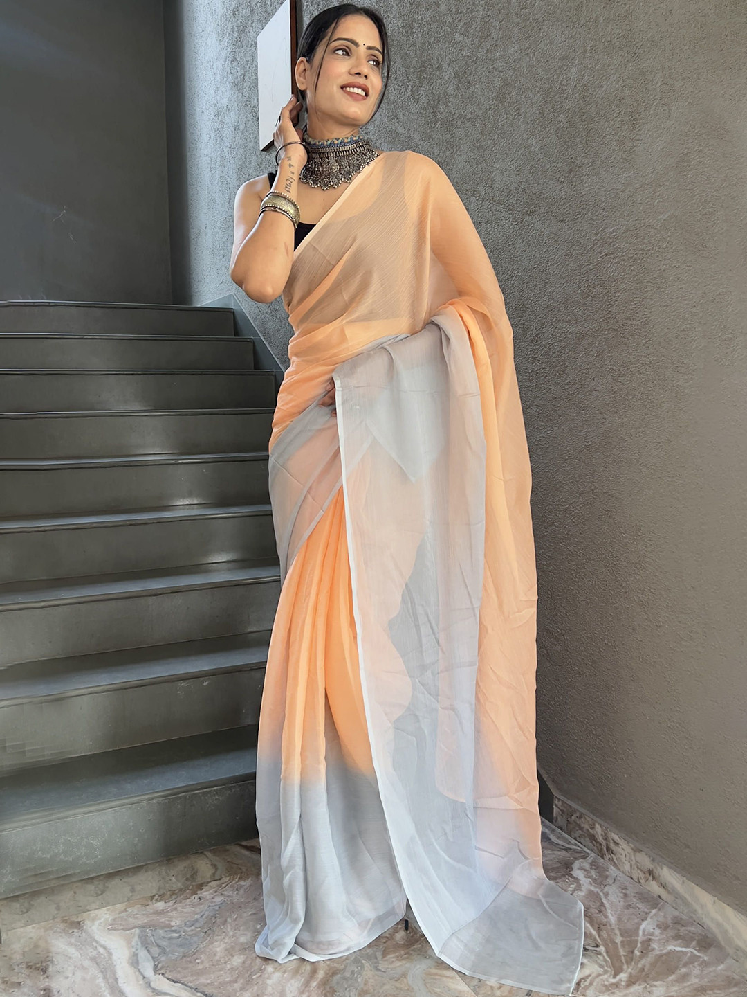 

V3 FASHION STUDIO Pure Chiffon Ready to Wear Jamdani Saree, Orange