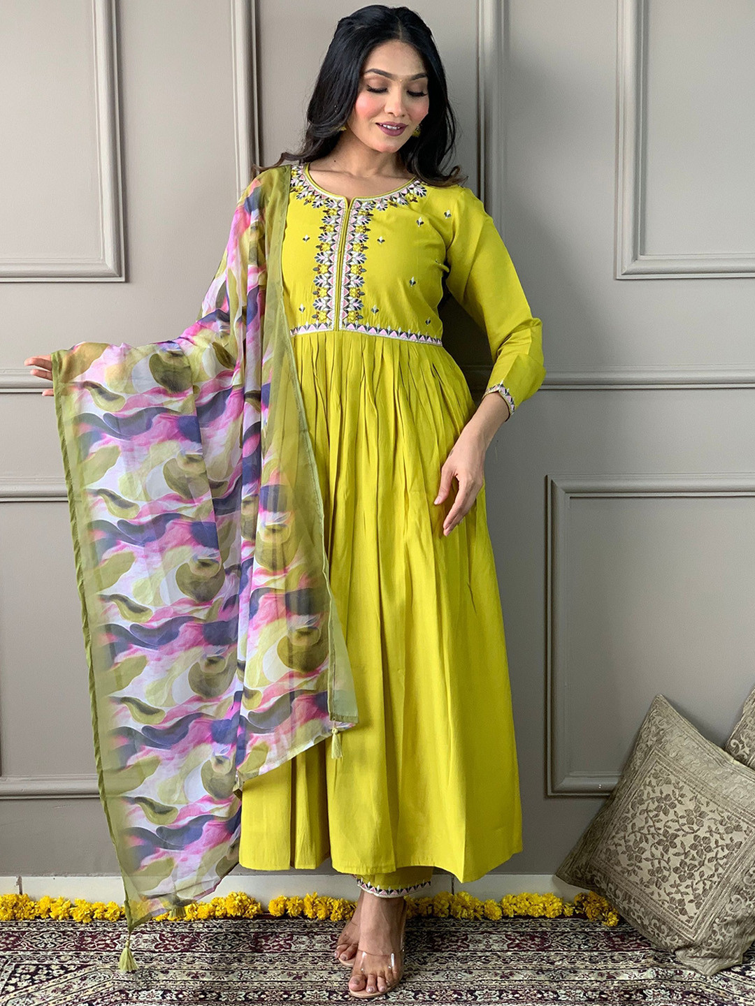 

KALINI Floral Embroidered Thread Work Chanderi Silk Kurta with Trousers & Dupatta, Lime green