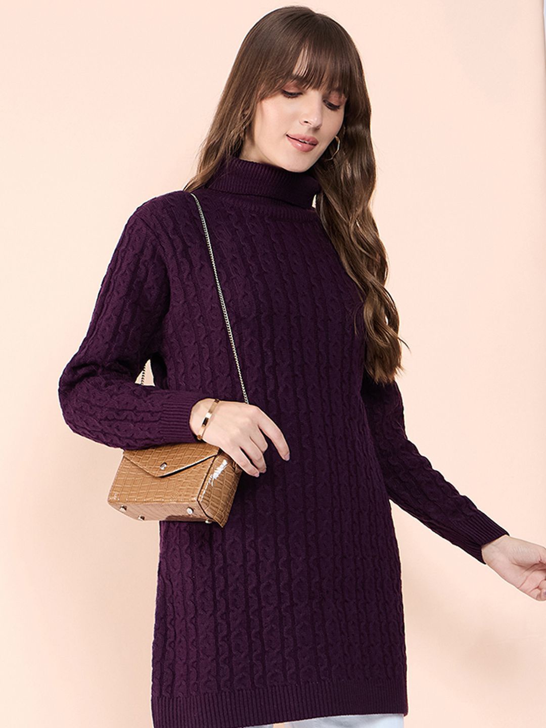 

CLAPTON Women Woollen Long Sleeves Turtle Neck Self Design Casual Sweaters, Purple