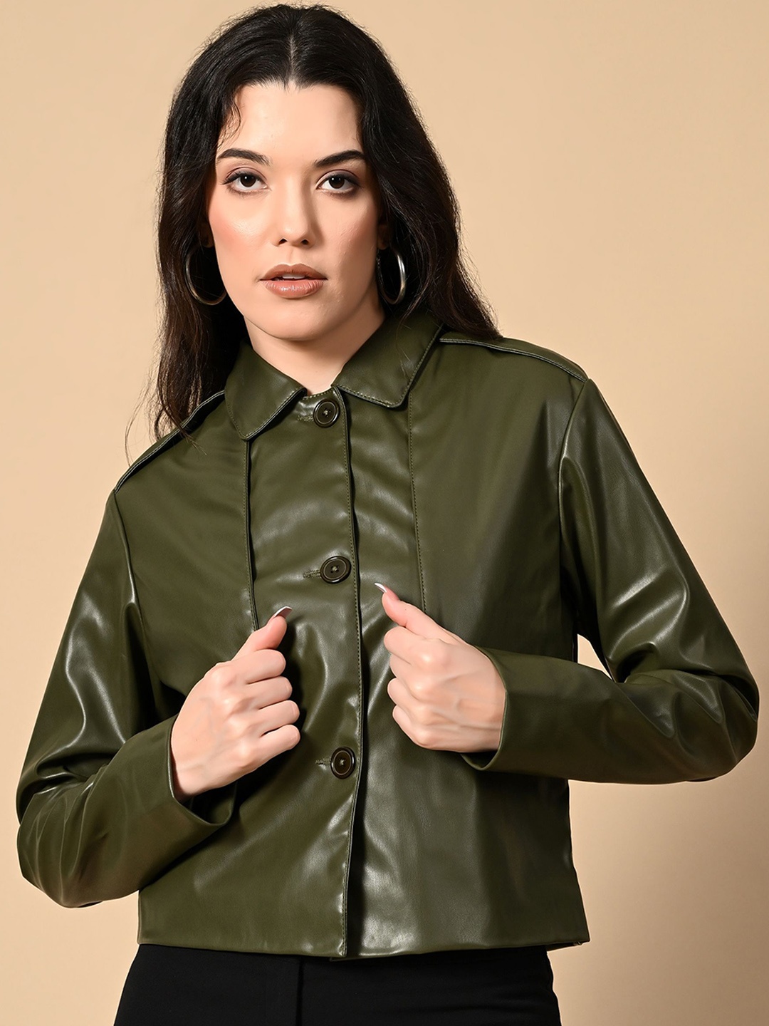 

PANDORNA Women Spread Collar Solid Poyester Casual Leather Jacket, Olive
