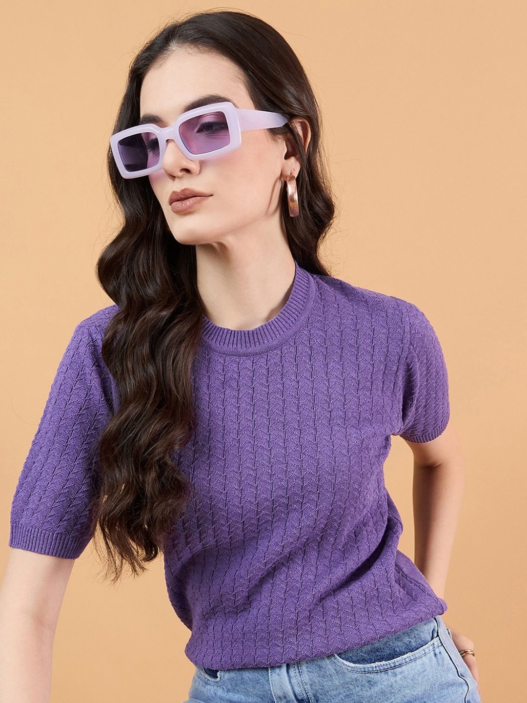 

CLAPTON Women Anti Static Self Design Round Neck Wool T-shirt, Purple