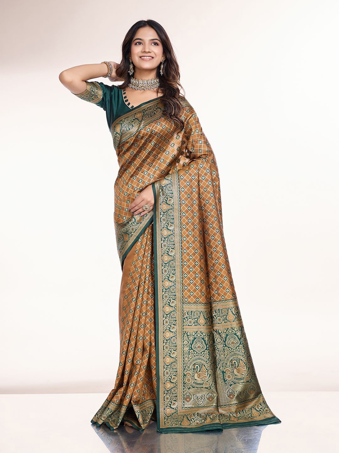 

RICH & ROMAN Checked Woven Design Zari Pure Silk Banarasi Saree, Mustard