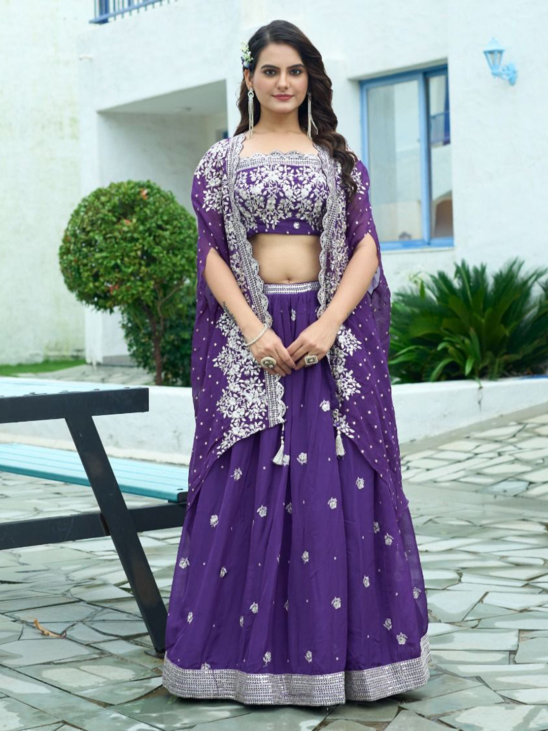 

LUGAI Embroidered Beads and Stones Ready to Wear Lehenga & Blouse With Dupatta, Purple