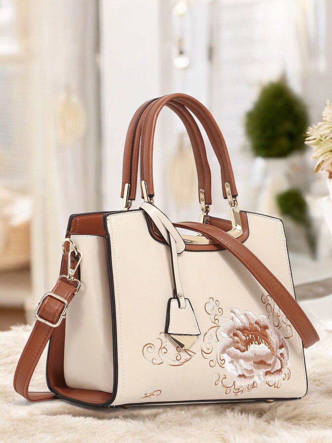 

Exotic Women Floral Printed Structured Handheld Bag, Cream