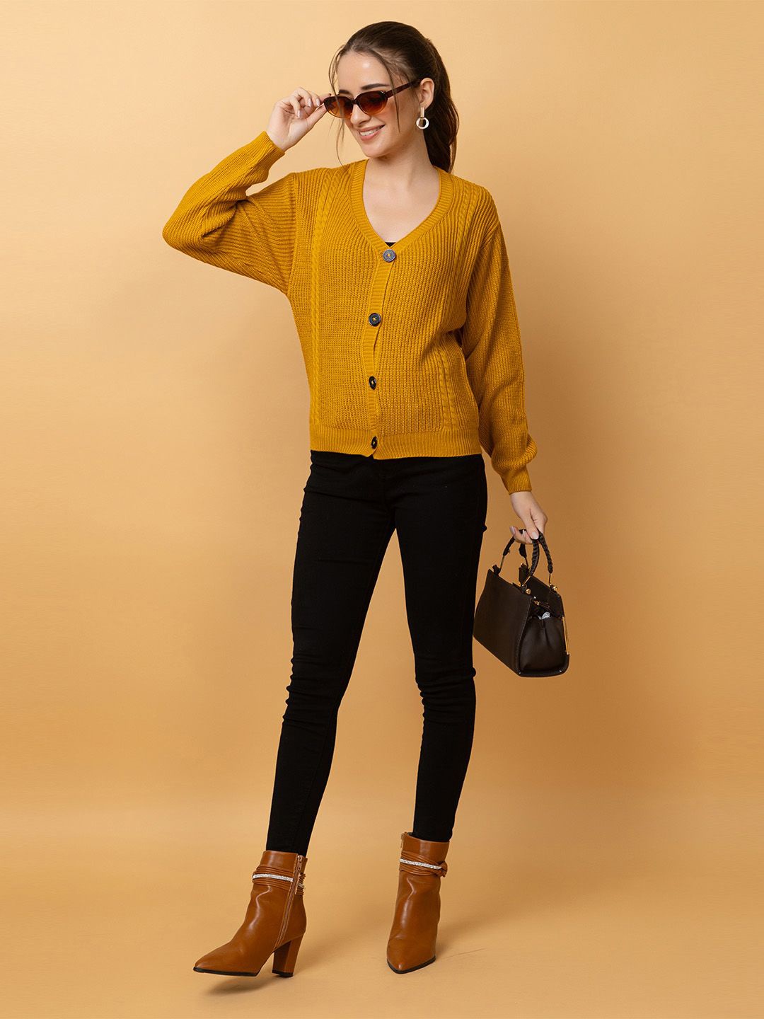 

CLAPTON Women Cable Knit Woollen Cardigan, Mustard