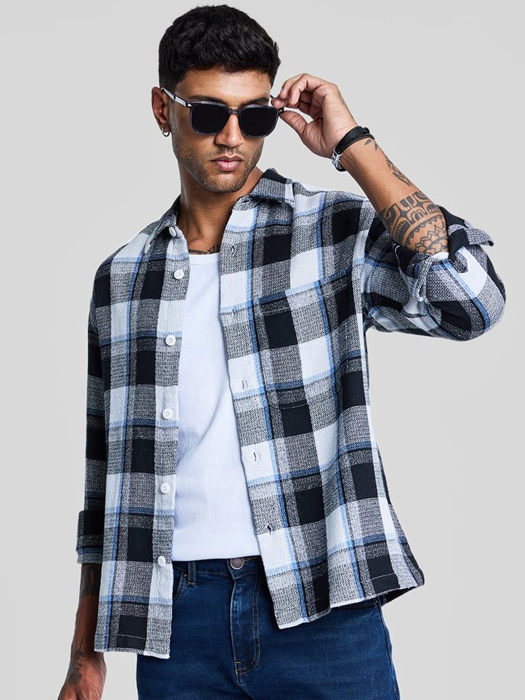 

Snitch Men Smart Spread Collar Tartan Checked Cotton Casual Shirt, White