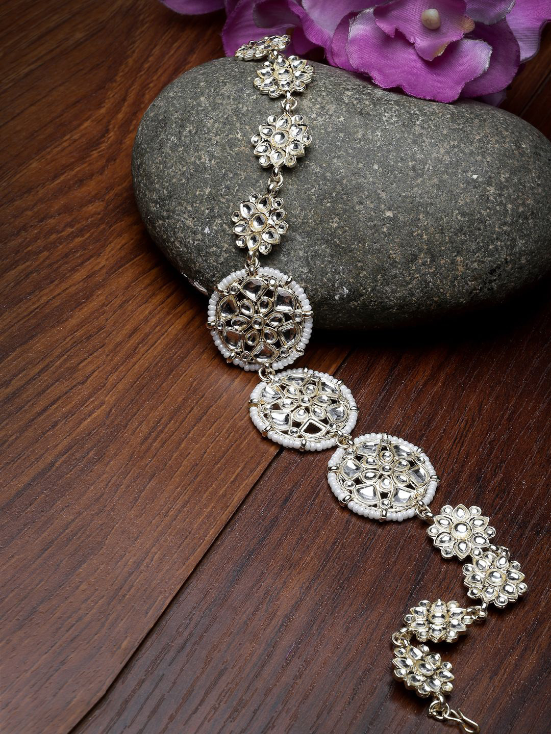 

NVR Gold-Plated Artificial Stones and Beads Studded Matha Patti Head Jewellery, Silver