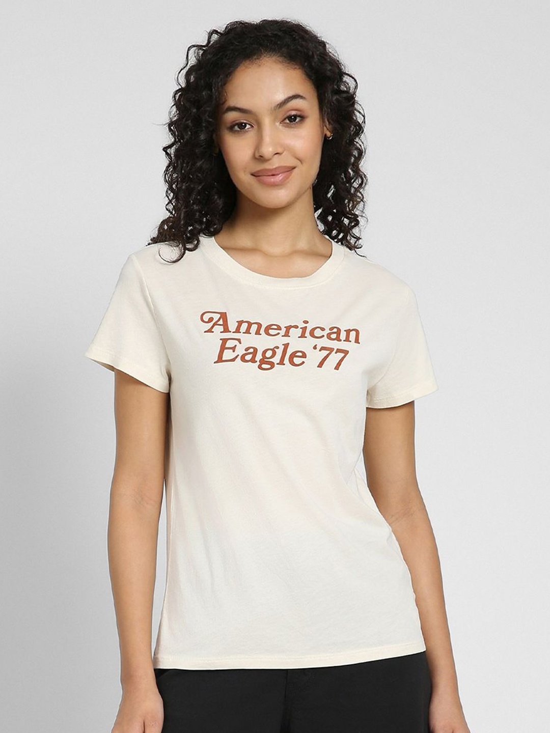 

AMERICAN EAGLE OUTFITTERS Women Typography Printed Round Neck Cotton T-shirt, Cream