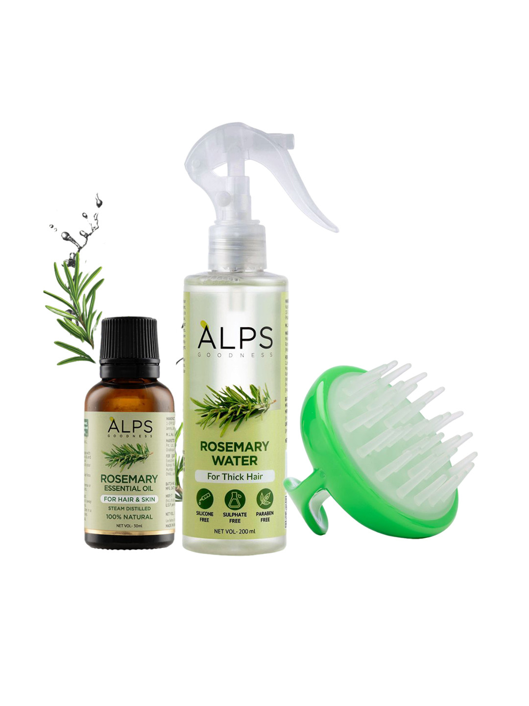 

Alps Goodness Set Of 3 Rosemary Water Spray 200ml With Essential Oil & Scalp Massager, Green