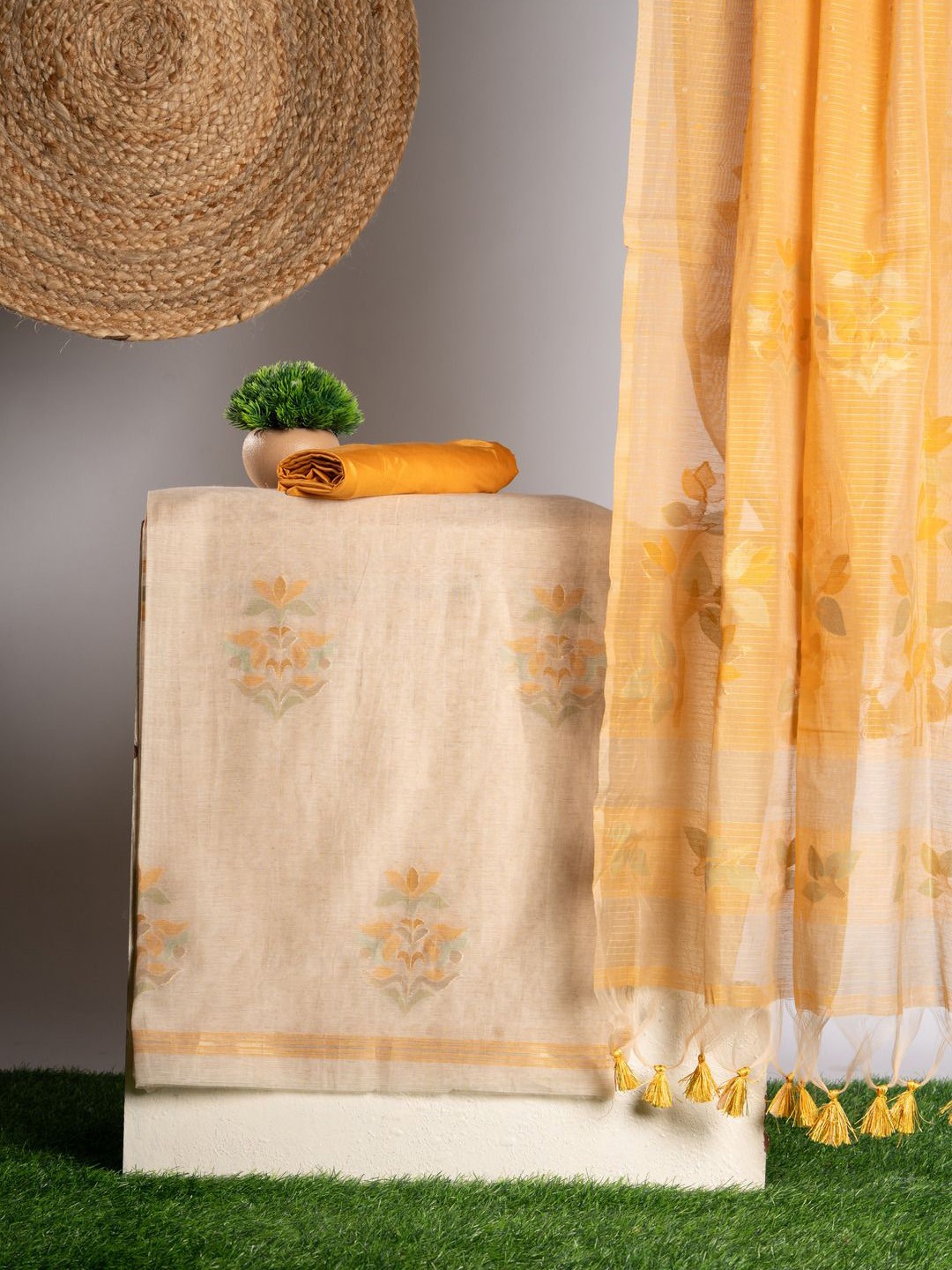 

GAJARAI Floral Woven Design Pure Cotton Unstitched Dress Material, Mustard