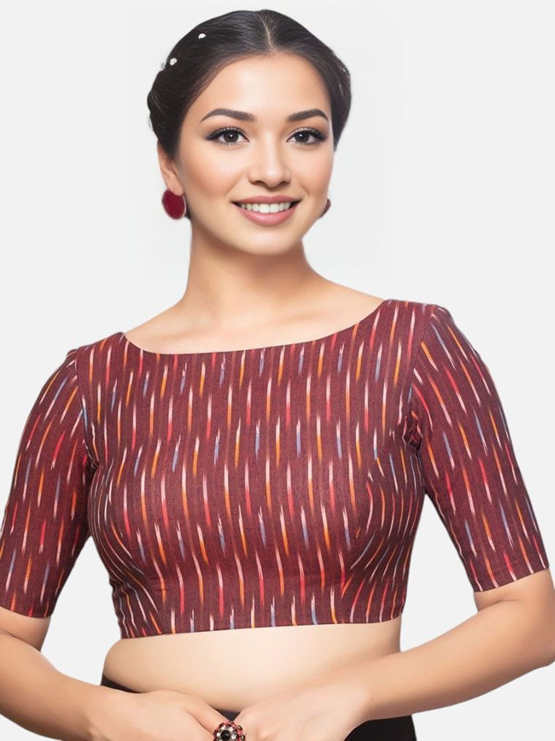 

Biyu Ikkat Printed Cotton Boat Neck Festive Saree Blouse, Maroon