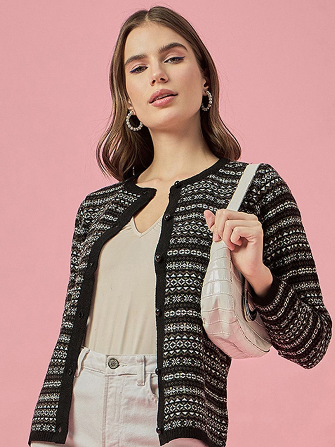 

CLAPTON Women Geometric Printed Woollen Cardigan, Black