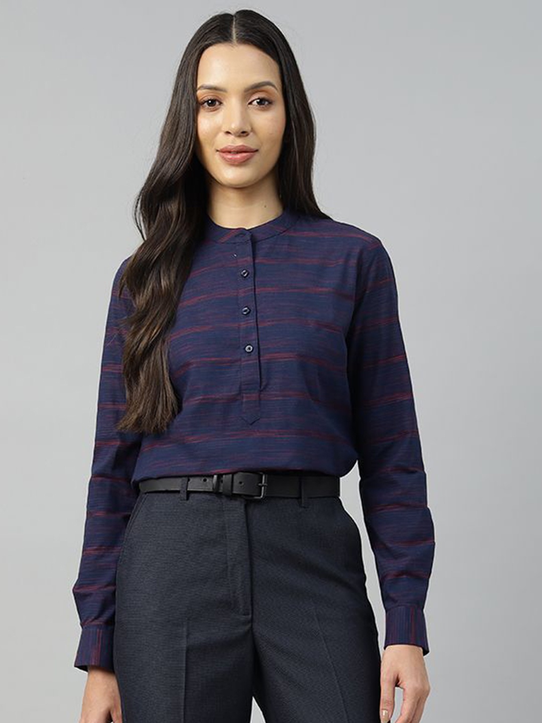 

Hancock Women Mandarin Collar Cotton Shirt Style Top, Navy blue