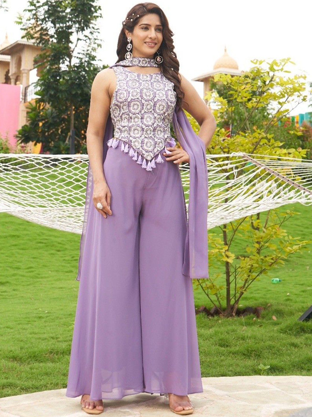 

LUGAI Embroidered Top With Palazzo & Dupatta, Lavender