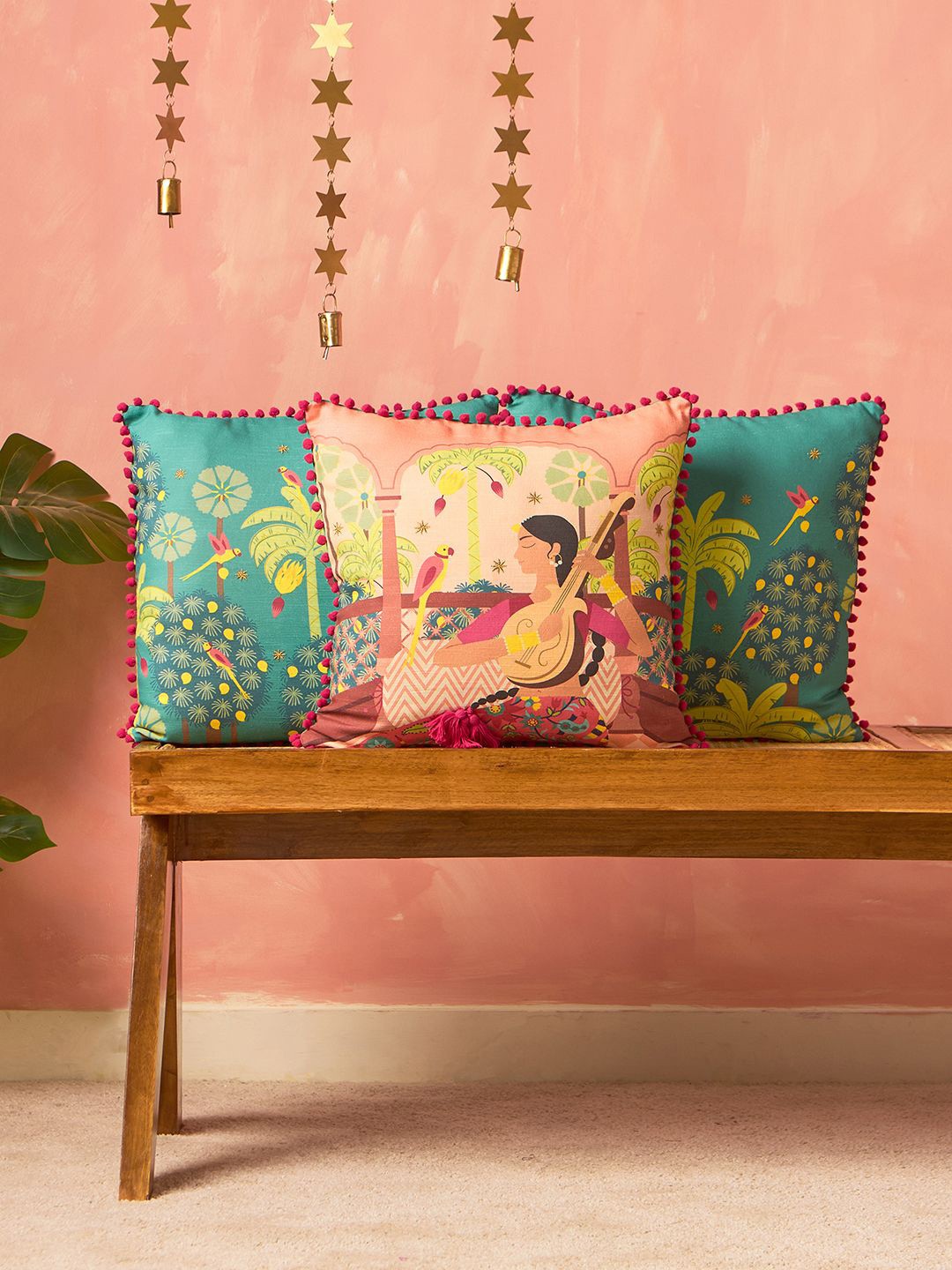 

Chumbak Mehfil Green & Orange 3 Pieces Printed Cotton Square Cushion Covers