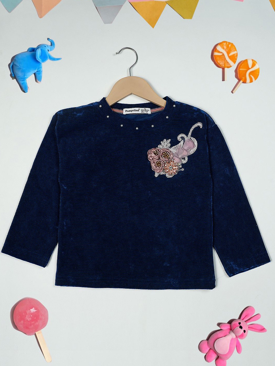 

PAMPOLINA Girls Floral Embellished Sweatshirt, Blue