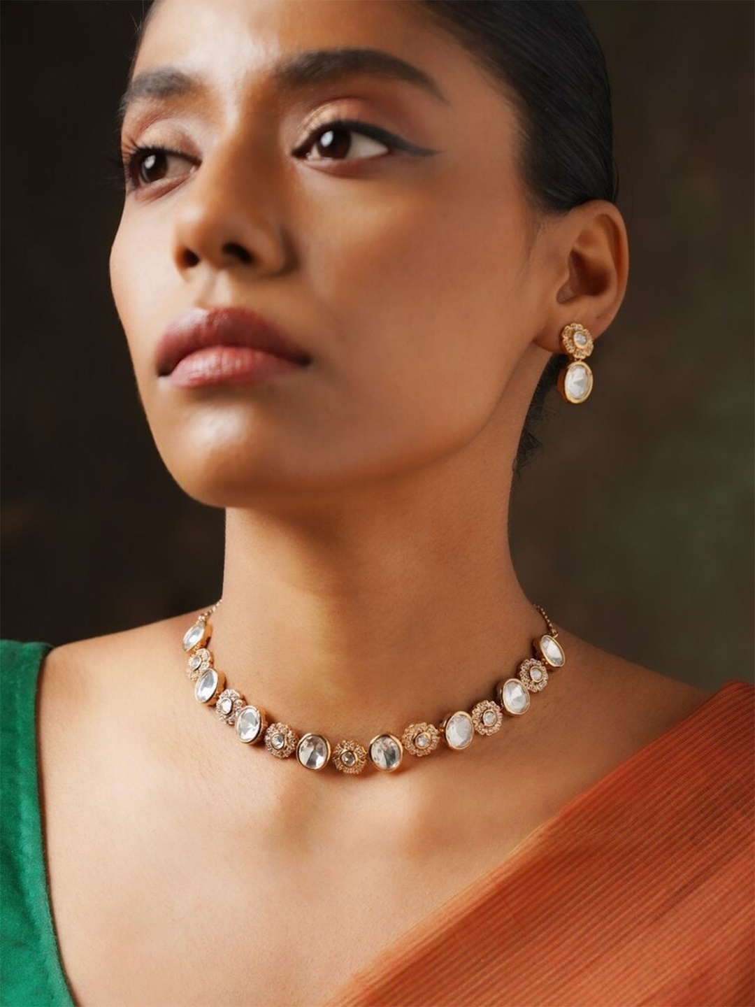 

ABDESIGNS Gold-Plated Polki American Diamond Stone Studded Jewellery Set