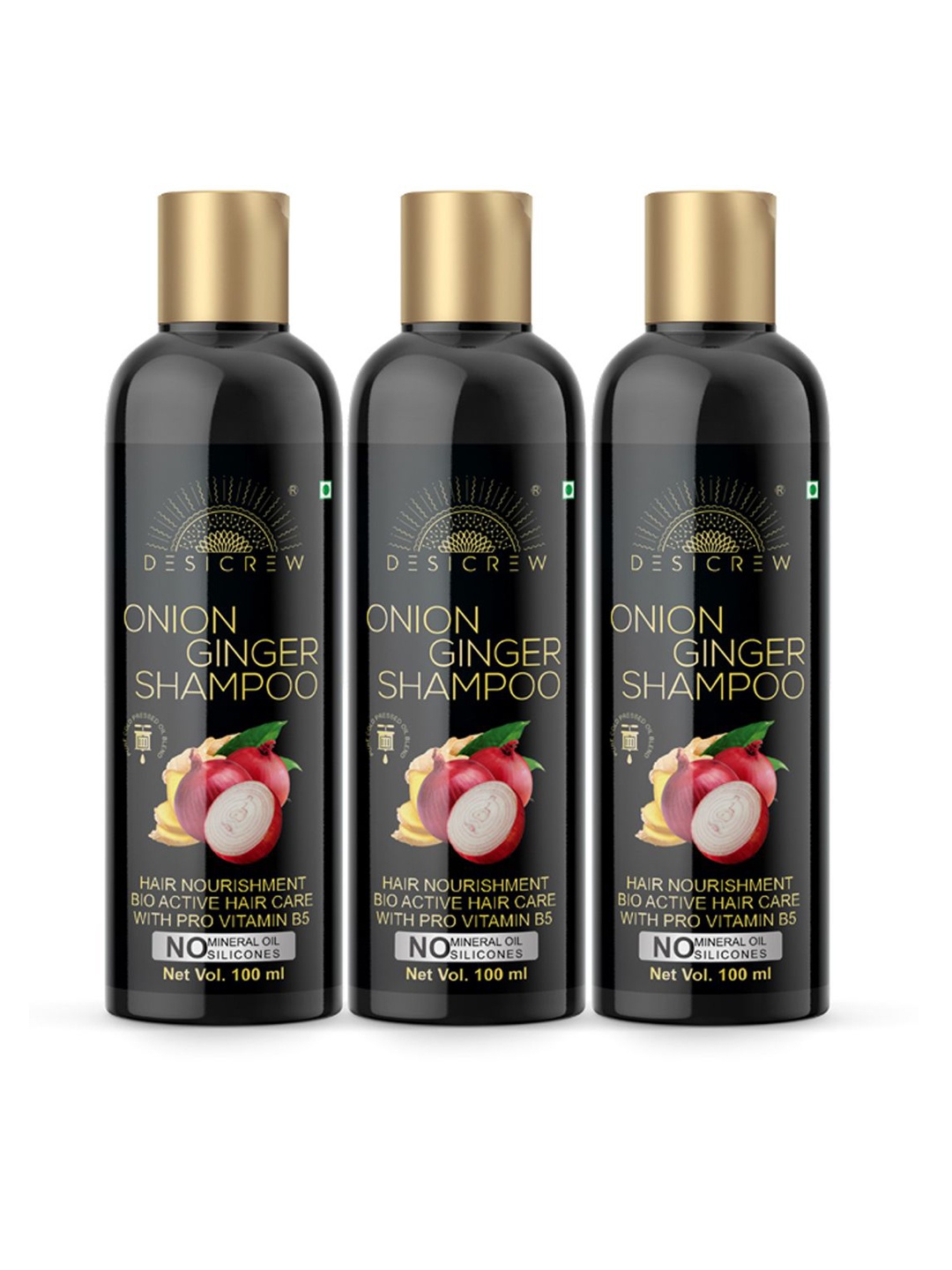 

Desi Crew Set Of 3 Onion Ginger Shampoo with Pro Vitamin B5 - 100 ml Each, Black