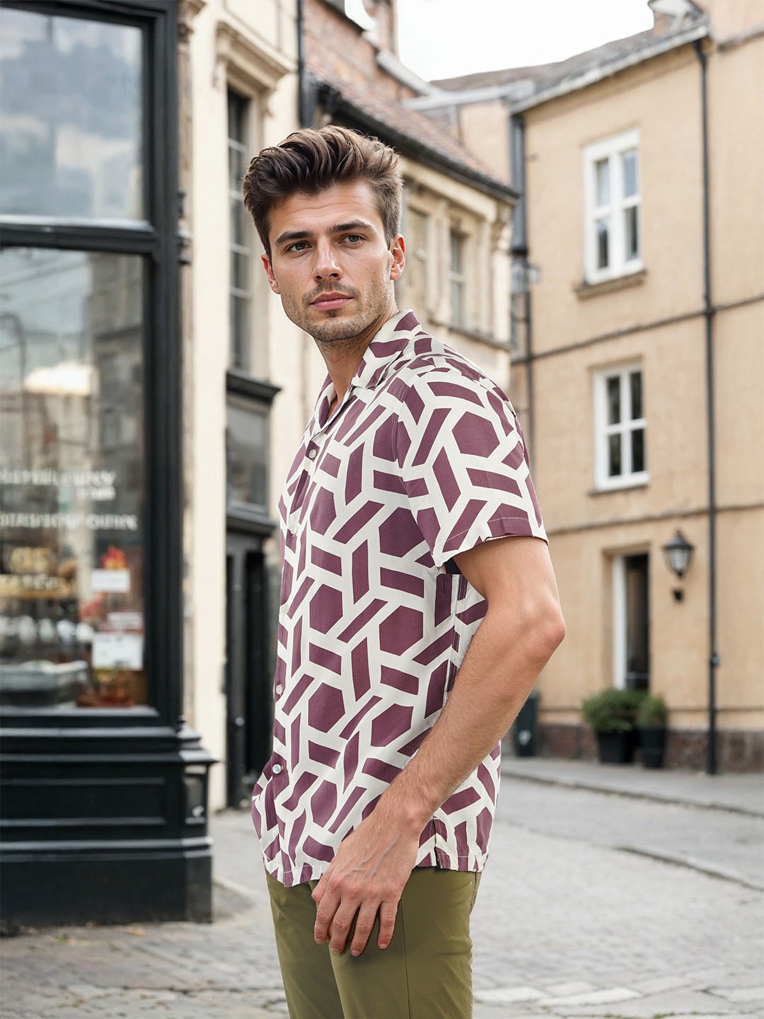 

Celio Men Classic Cuban Collar Geometric Printed Casual Shirt, White
