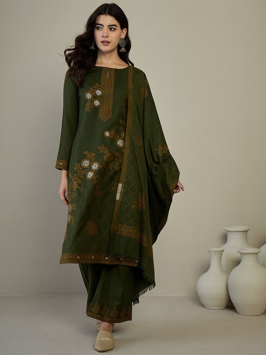 

HK colours of fashion Ethnic Motifs Woven Design Pashmina Unstitched Dress Material, Green