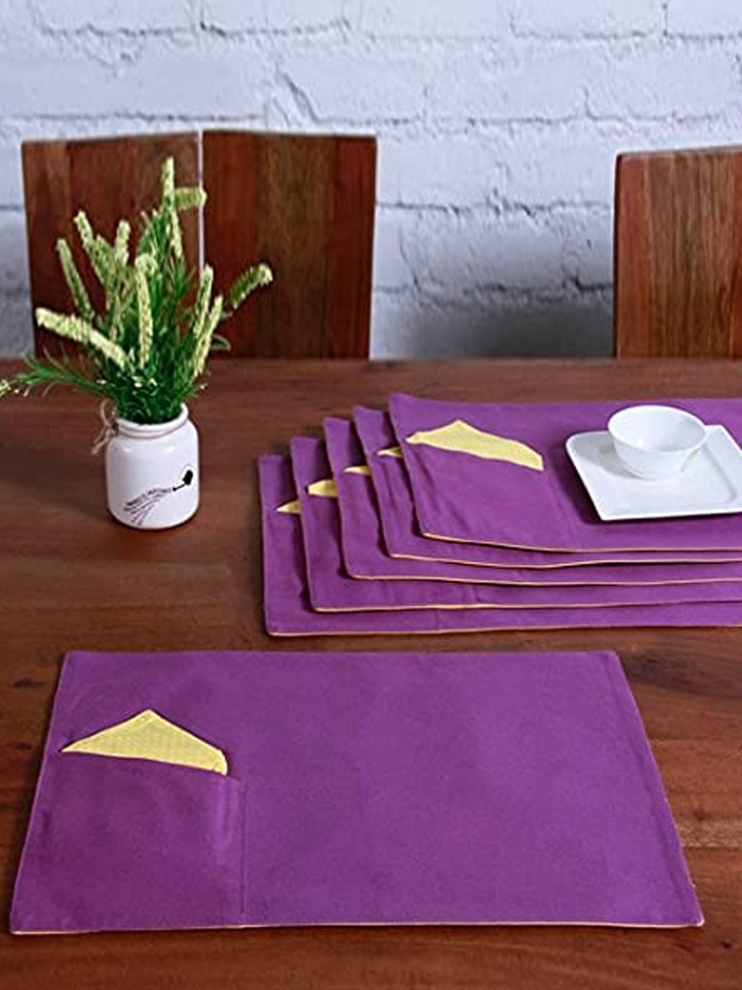 

Lushomes Yellow & Purple 12 Pieces Cotton Table Placemats & Napkins Set