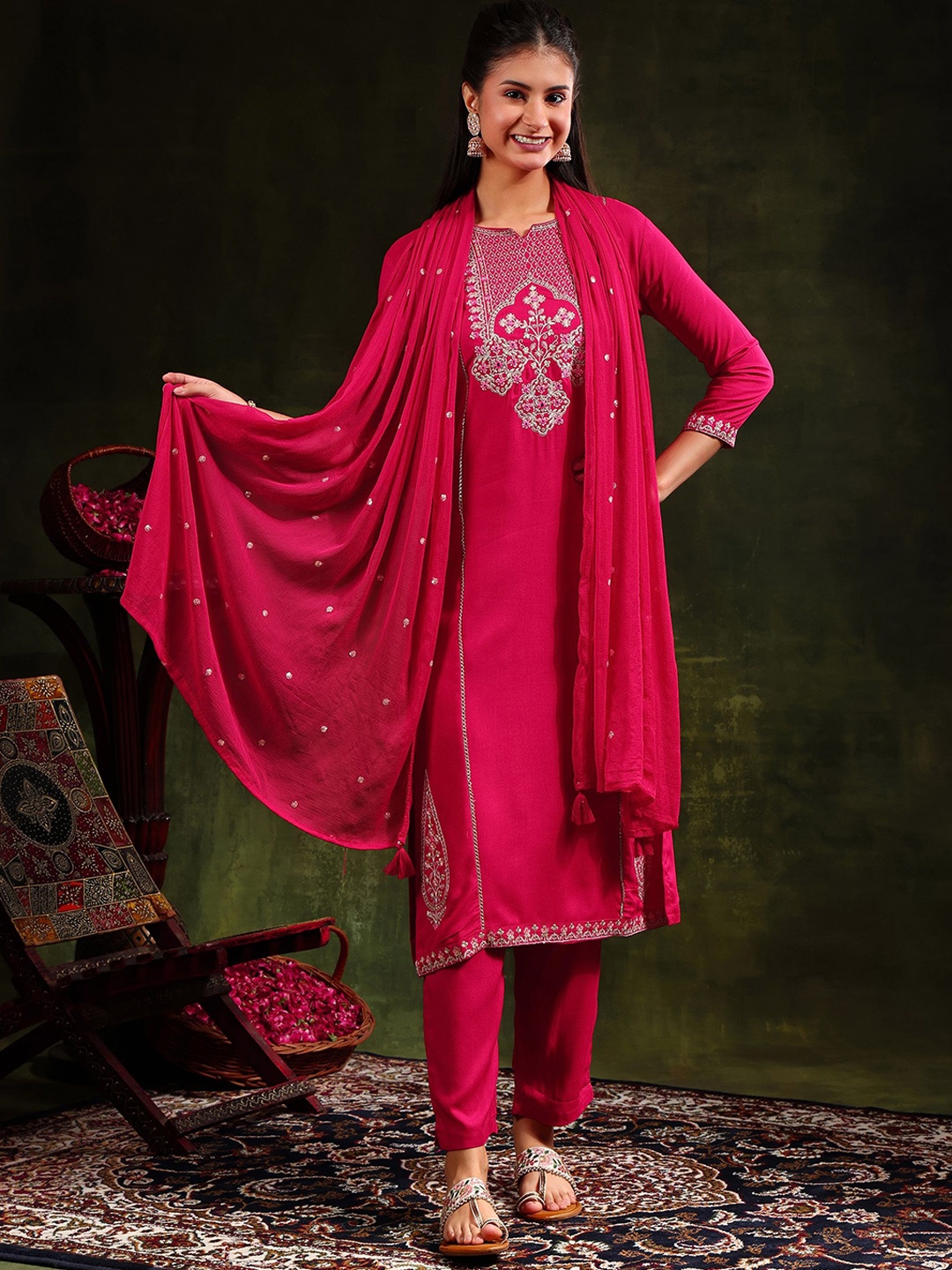 

KALINI Floral Embroidered Thread Work Notch Neck Kurta with Trousers & Dupatta, Pink