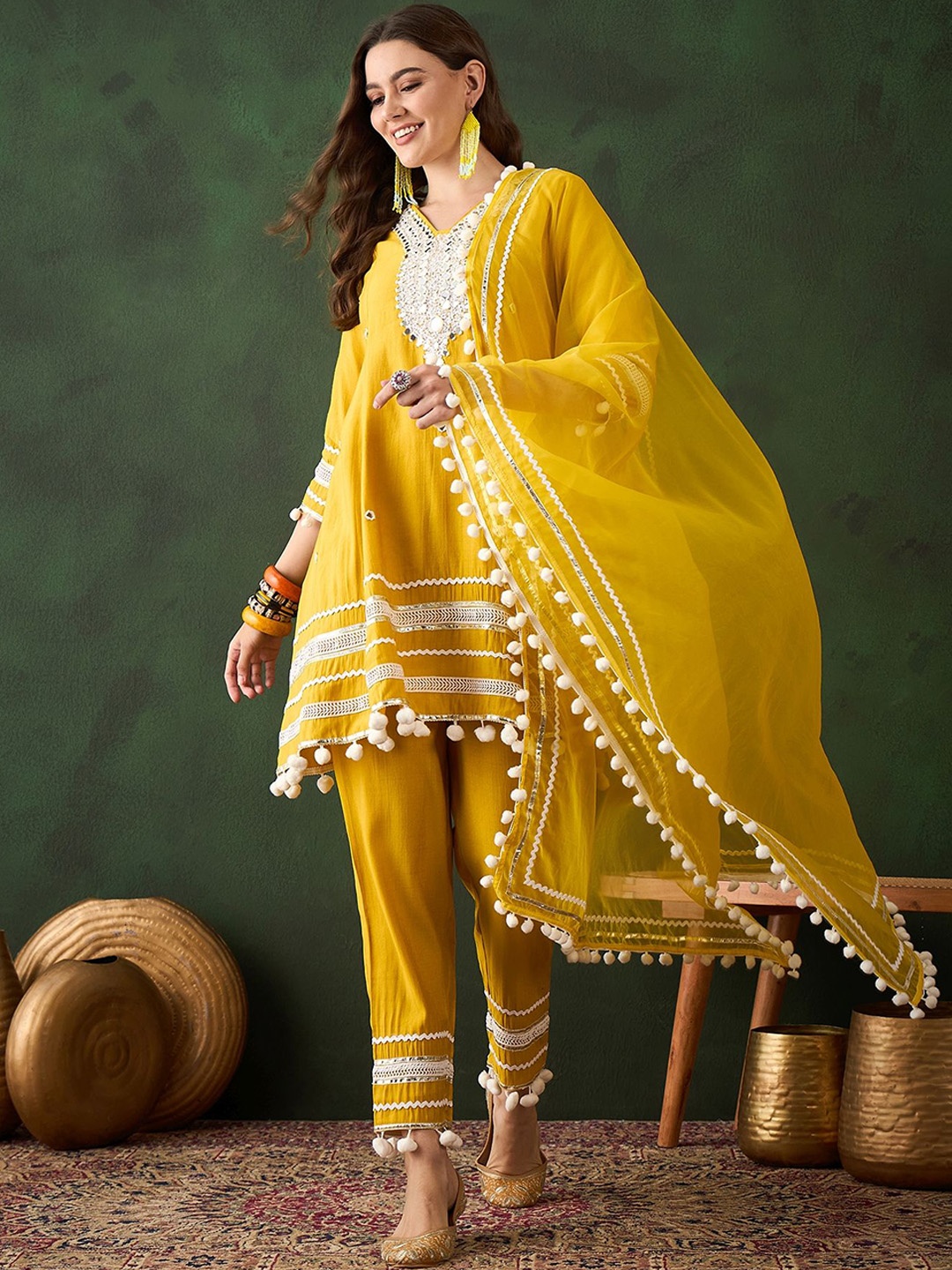 

Sangria Paisley Embroidered Anarkali Kurta & Trousers With Dupatta, Yellow