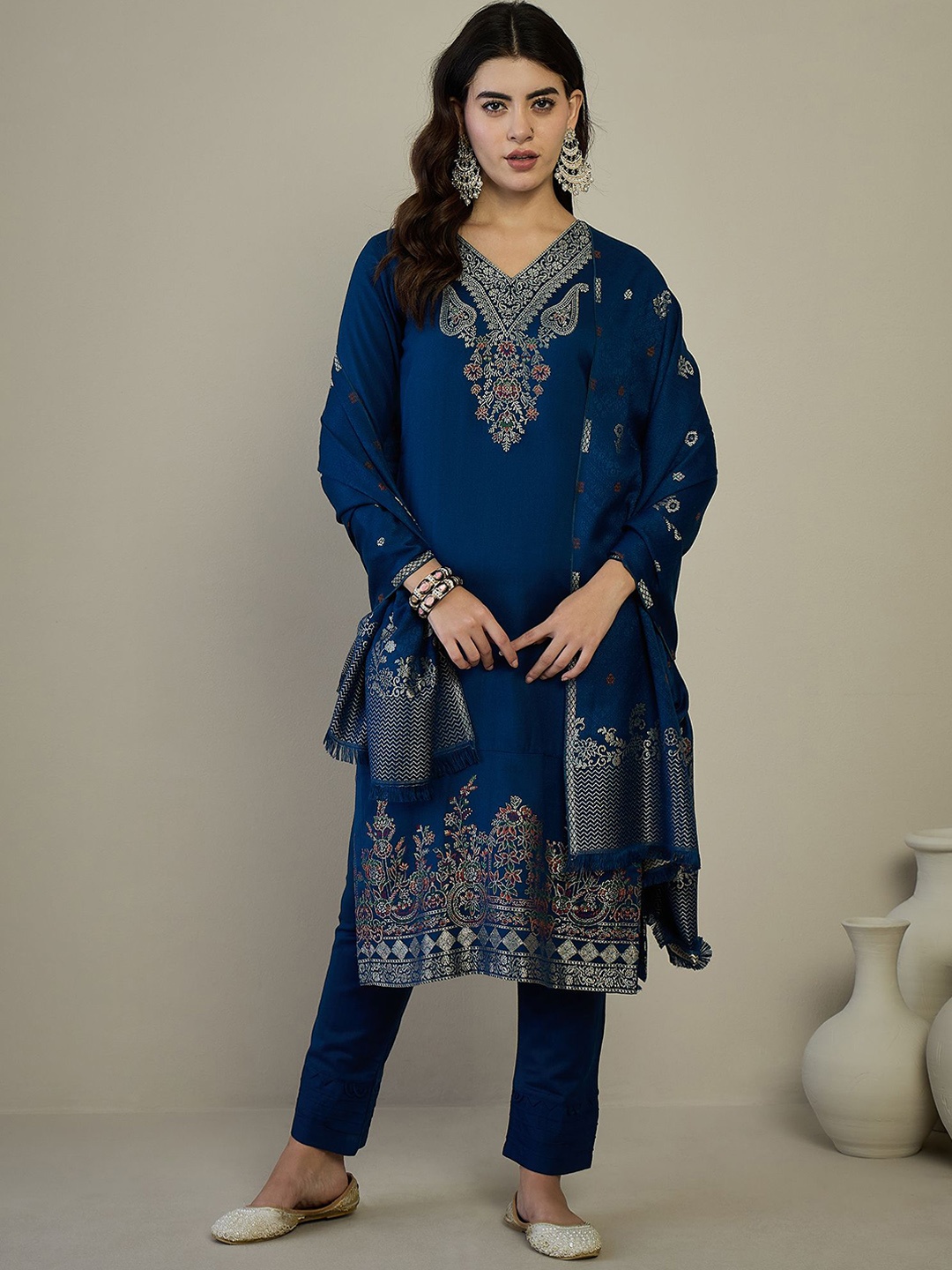 

HK colours of fashion Ethnic Motifs Woven Design Pashmina Unstitched Dress Material, Navy blue