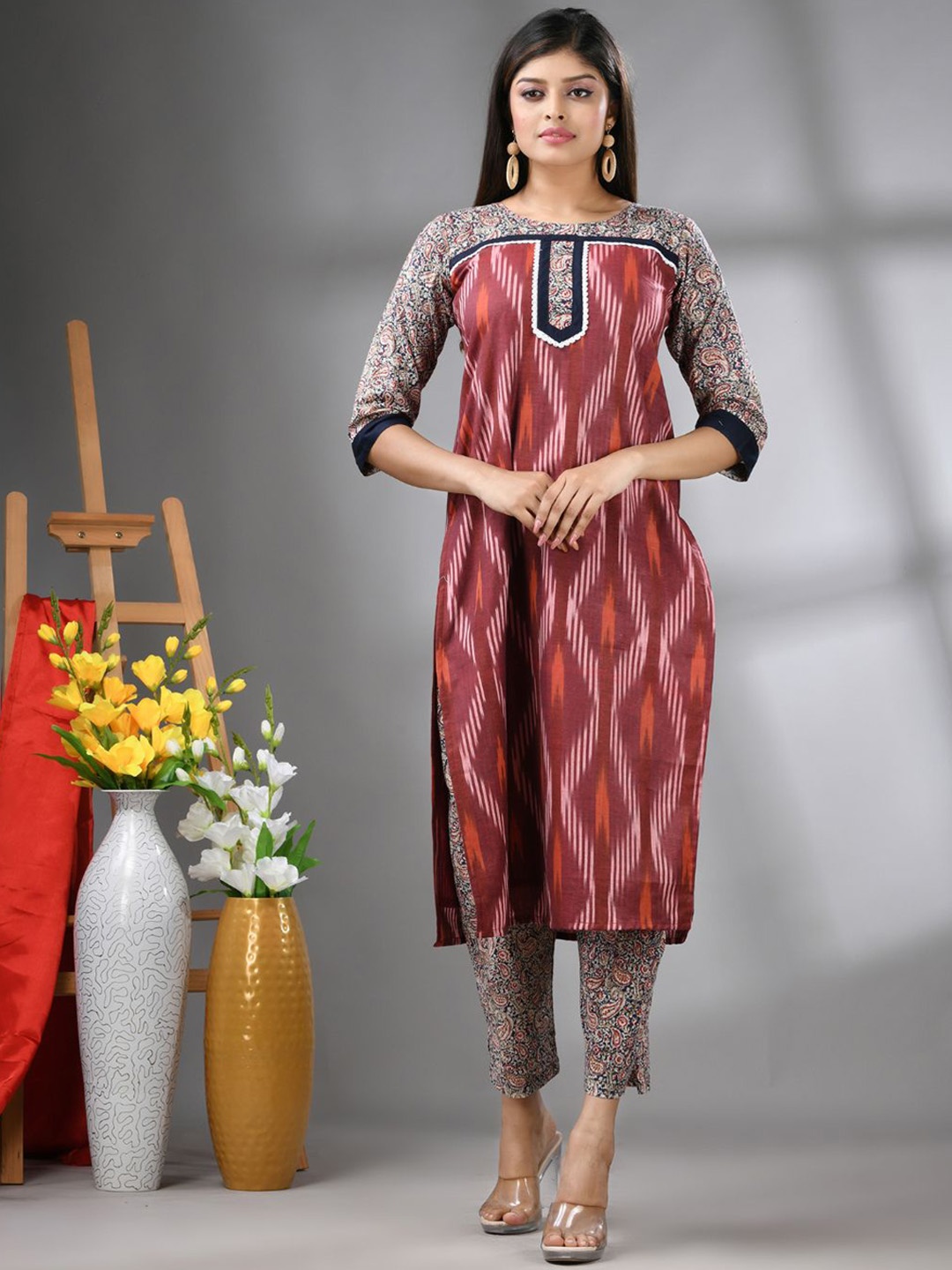 

Charukriti Geometric Printed Pure Cotton Straight Kurta With Trouser, Maroon