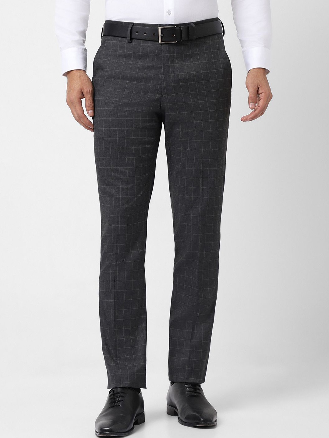 

V Dot Men Checked Skinny Fit Formal Trousers, Grey