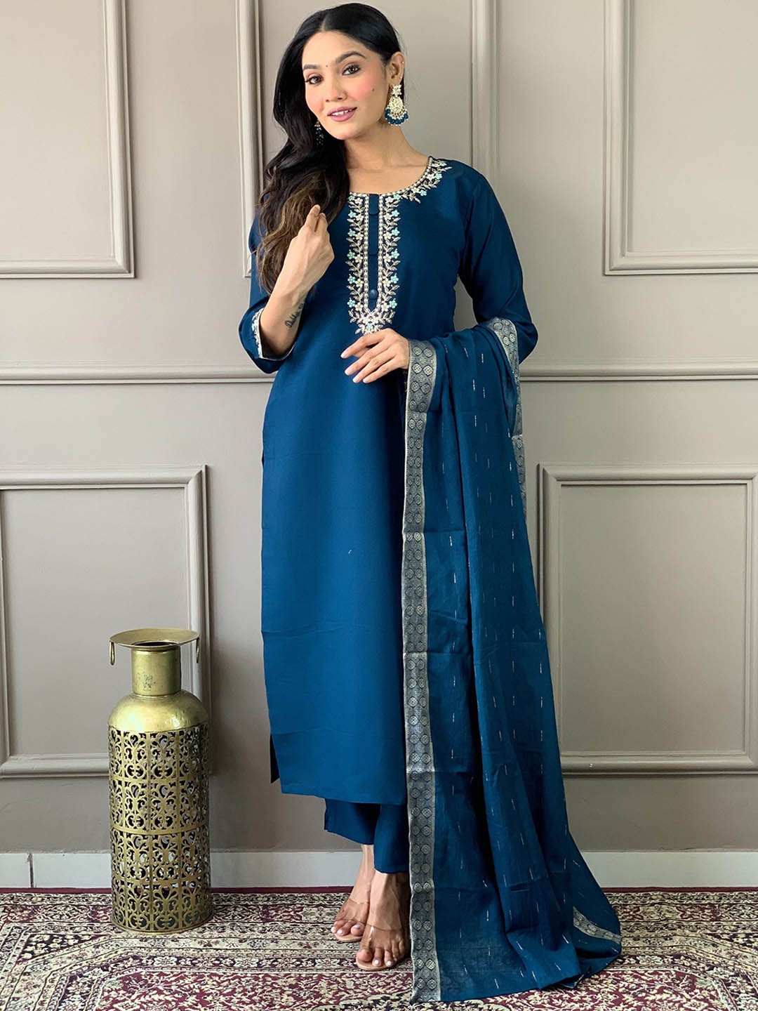 

KALINI Floral Embroidered Thread Work Chanderi Silk Kurta with Trouser & Dupatta, Teal