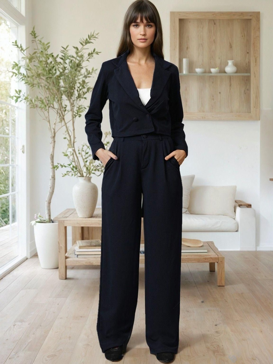 

Kotty Lapel Collar Long Sleeves Coat With Trouser, Navy blue