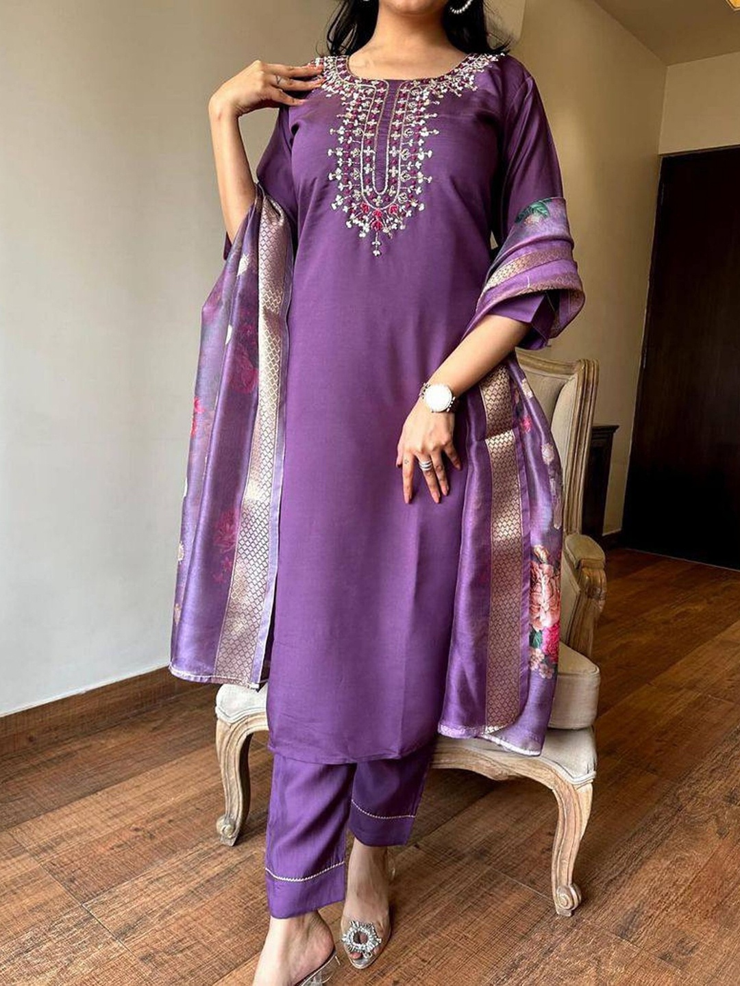 

KALINI Floral Embroidered Thread Work Chanderi Silk Kurta with Trouser & Dupatta, Purple