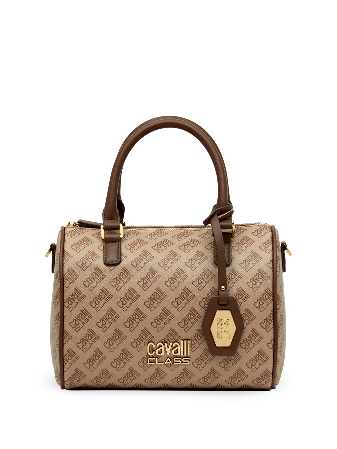 

Cavalli Class Women Brand Logo Printed Structured Handheld Bag, Khaki