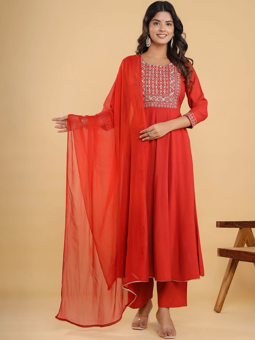 

Neemiya Floral Embroidered Sequined Anarkali Kurta With Trousers & Dupatta, Rust