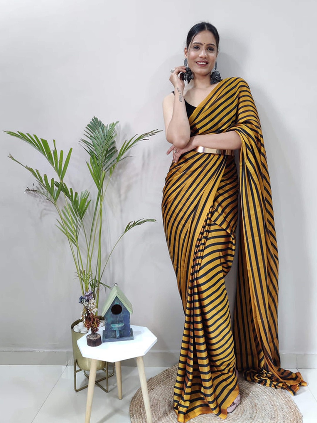 

V3 FASHION STUDIO Striped Satin Ready to Wear Saree, Yellow